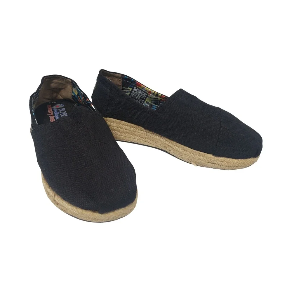 BOBS from Skechers Women 8.5 Black Canvas Espadrille Platform Slip On Flats